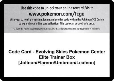 Code Card - Evolving Skies Pokemon Center Elite Trainer Box [Jolteon/Flareon/Umbreon/Leafeon]