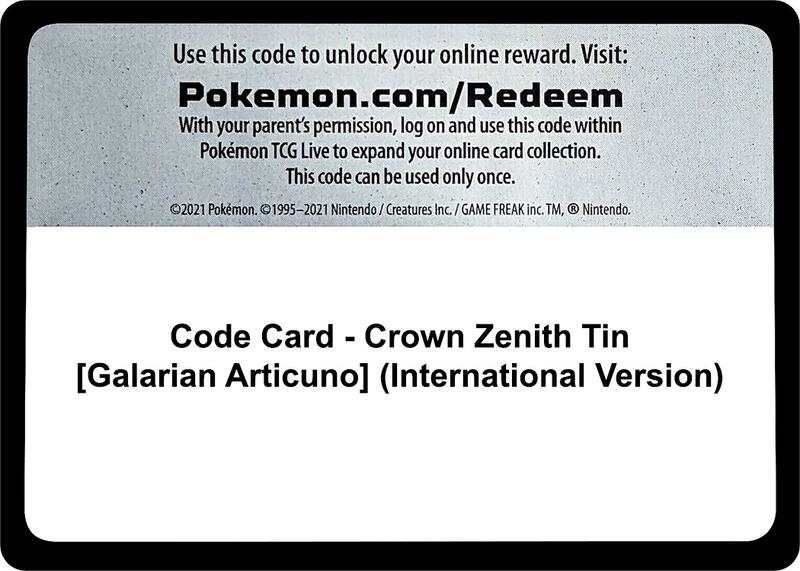 Code Card - Crown Zenith Tin [Galarian Articuno] (International Version)