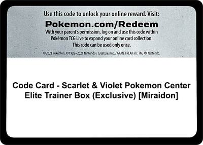 Code Card - Scarlet & Violet Pokemon Center Elite Trainer Box (Exclusive) [Miraidon]