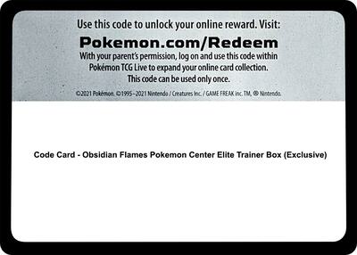 Code Card - Obsidian Flames Pokemon Center Elite Trainer Box (Exclusive)