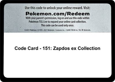 Code Card - 151: Zapdos ex Collection